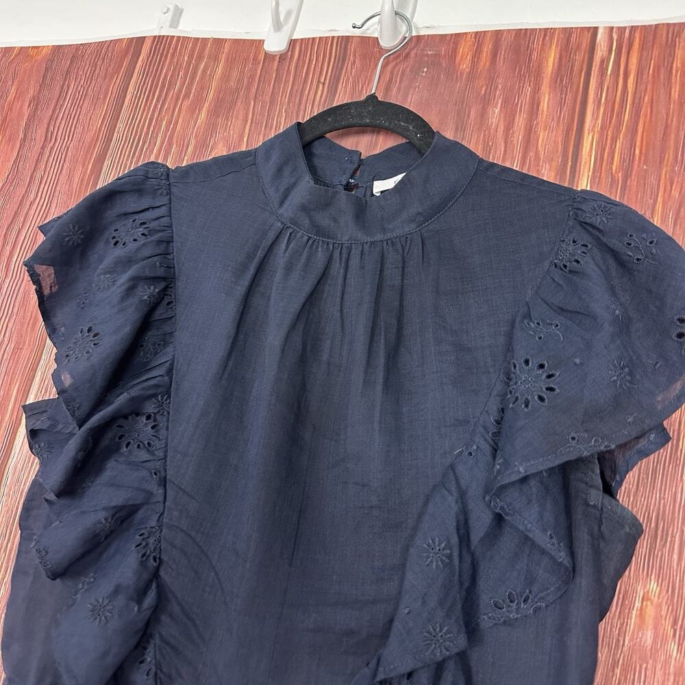 FRAME Navy Eyelet Ruffle Sleeve Top Womens Size Small Ramie - Picture 4 of 7